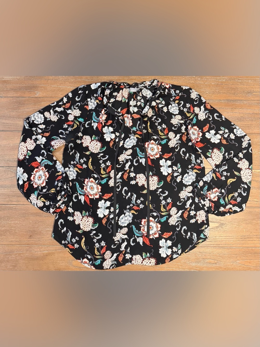 Kenar Black Floral Tie-Neck Blouse with Multicolor Accents